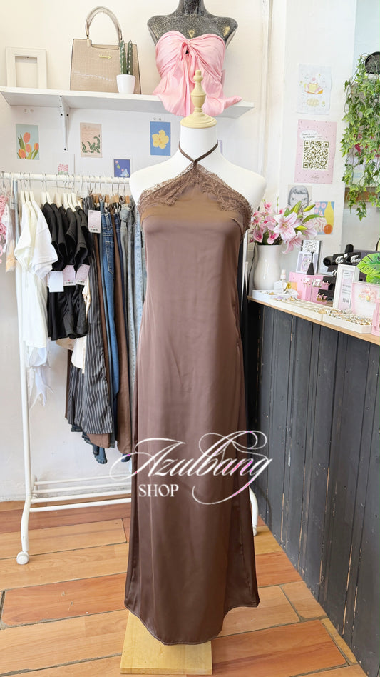 Vestido encaje y satin cafe