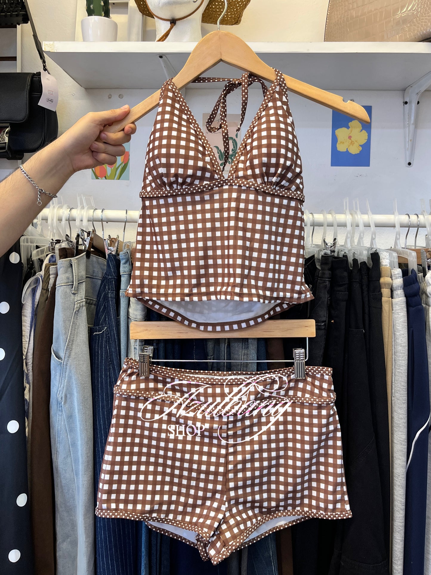 Traje de baño tankini de cuadros café