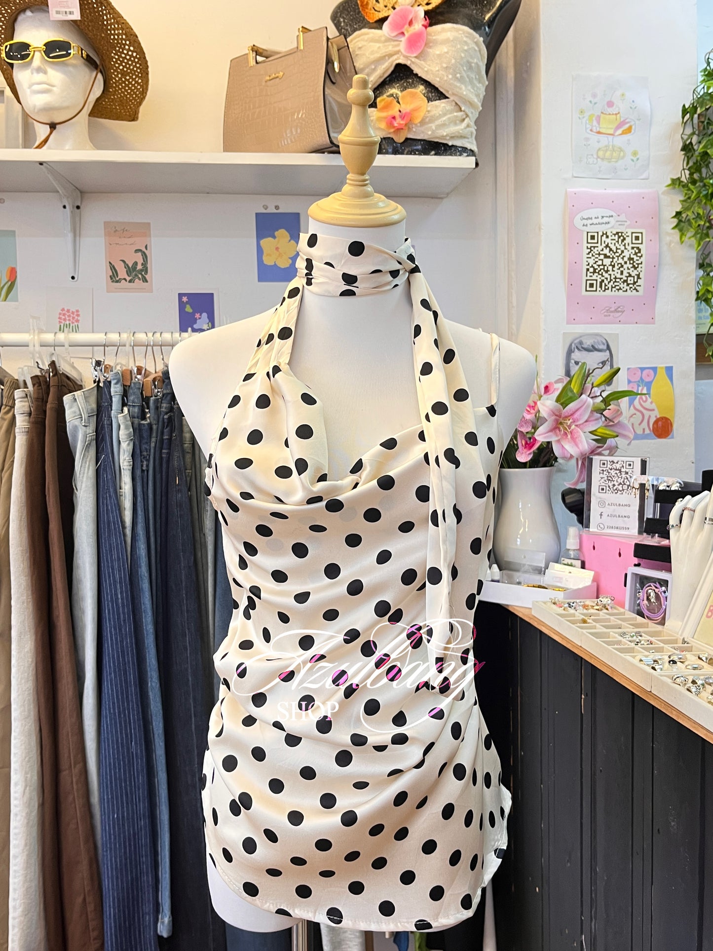 Blusa satin polka dots blanca
